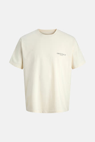 T-shirt écru de ORIGINALS BY JACK & JONES, avec un petit imprimé texte noir sur la poitrine.