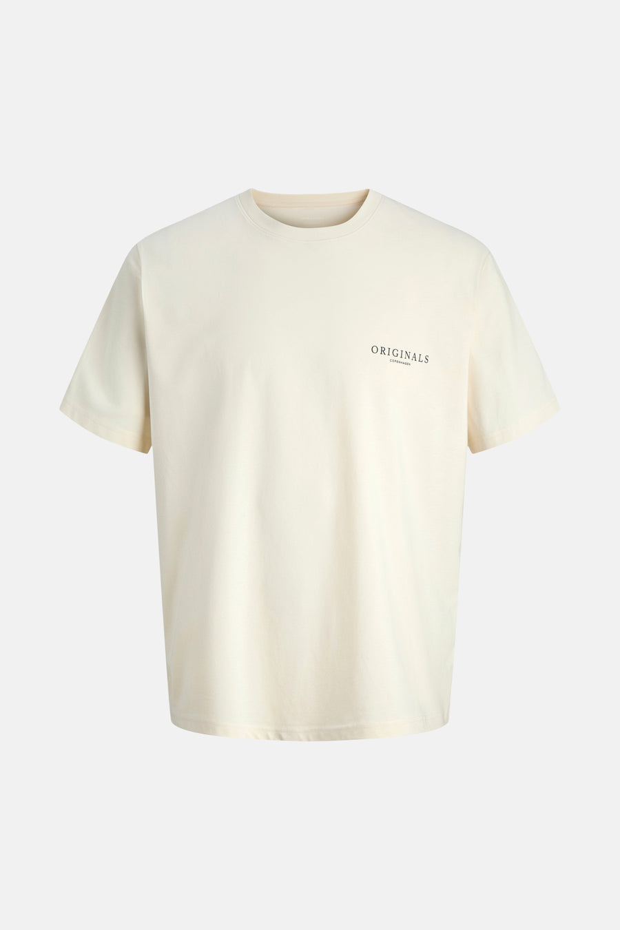 T-shirt écru de ORIGINALS BY JACK & JONES, avec un petit imprimé texte noir sur la poitrine.