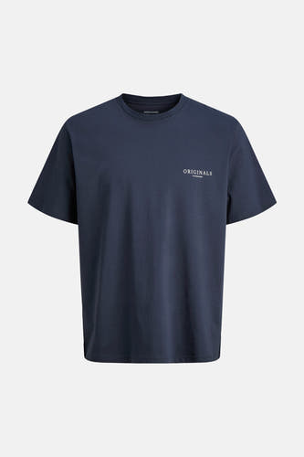 T-shirt bleu de ORIGINALS BY JACK & JONES, à manches courtes et avec un imprimé texte blanc sur la poitrine.