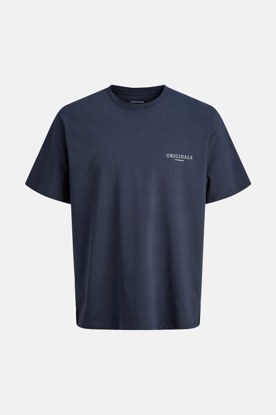 T-shirt bleu de ORIGINALS BY JACK & JONES, à manches courtes et avec un imprimé texte blanc sur la poitrine.