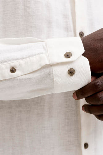 Chemise blanche de PREMIUM by JACK & JONES avec texture sergé, poignets boutonnés et une main tenant la manche.