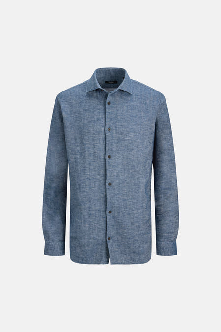 Chemise bleue à manches longues de PREMIUM by JACK & JONES, avec une subtile structure à chevrons et des boutons foncés.