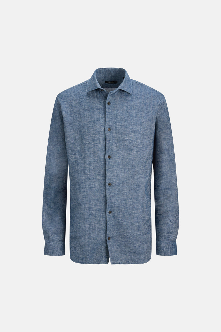 Chemise bleue à manches longues de PREMIUM by JACK & JONES, avec une subtile structure à chevrons et des boutons foncés.
