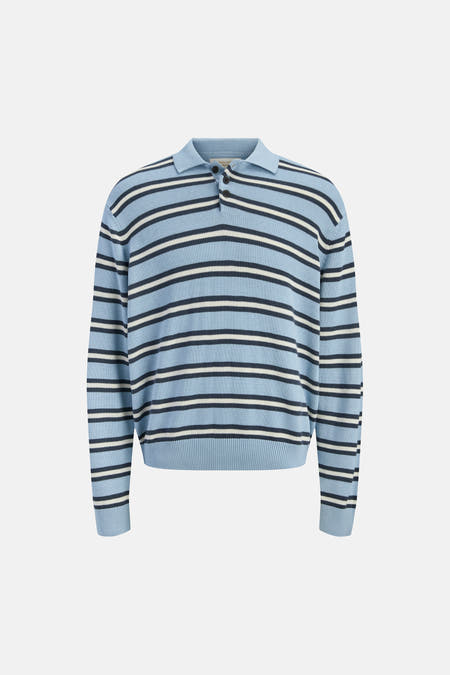 Blauwe trui met ronde hals van ORIGINALS BY JACK & JONES, met gestreept patroon en knoopsluiting.