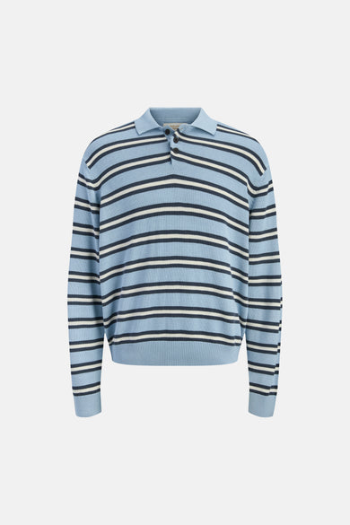 Pull bleu à col rond de ORIGINALS BY JACK & JONES, avec motif rayé et fermeture à boutons.
