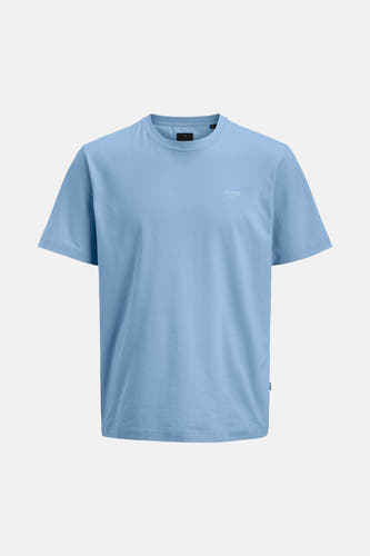 T-shirt bleu à manches courtes de PREMIUM by JACK & JONES, avec un petit logo sur la poitrine.