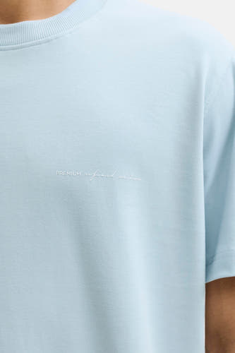 T-shirt bleu à manches courtes de PREMIUM by JACK & JONES, avec un imprimé texte subtil.