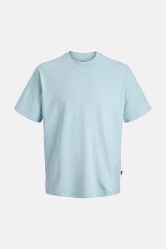T-shirt bleu à manches courtes de PREMIUM by JACK & JONES, avec un imprimé texte subtil sur la poitrine et un look minimaliste.