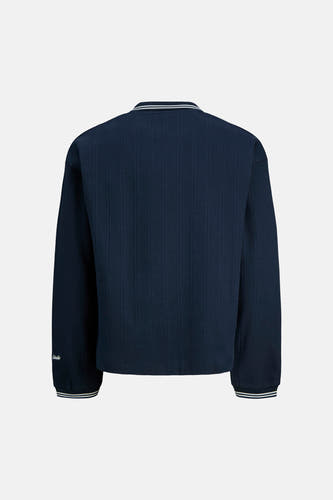 Pull bleu à col rond de ORIGINALS BY JACK & JONES, avec structure côtelée et bords rayés, dos.