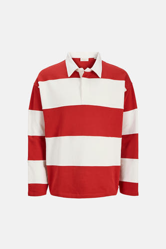 Pull rouge à col rond de ORIGINALS BY JACK & JONES, avec des rayures horizontales blanches et un col blanc.