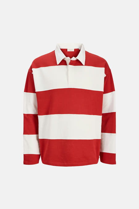 Pull rouge à col rond de ORIGINALS BY JACK & JONES, avec des rayures horizontales blanches et un col blanc.