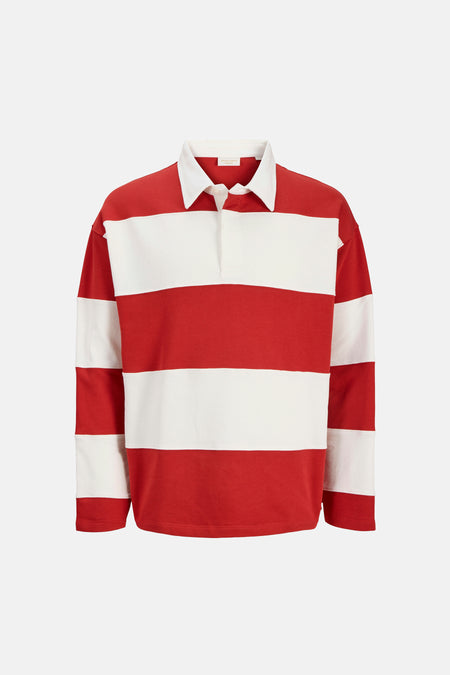 Pull rouge à col rond de ORIGINALS BY JACK & JONES, avec des rayures horizontales blanches et un col blanc.