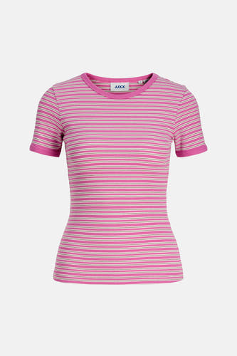 T-shirt à manches courtes rose de JJXX, avec un motif rayé et une texture côtelée.