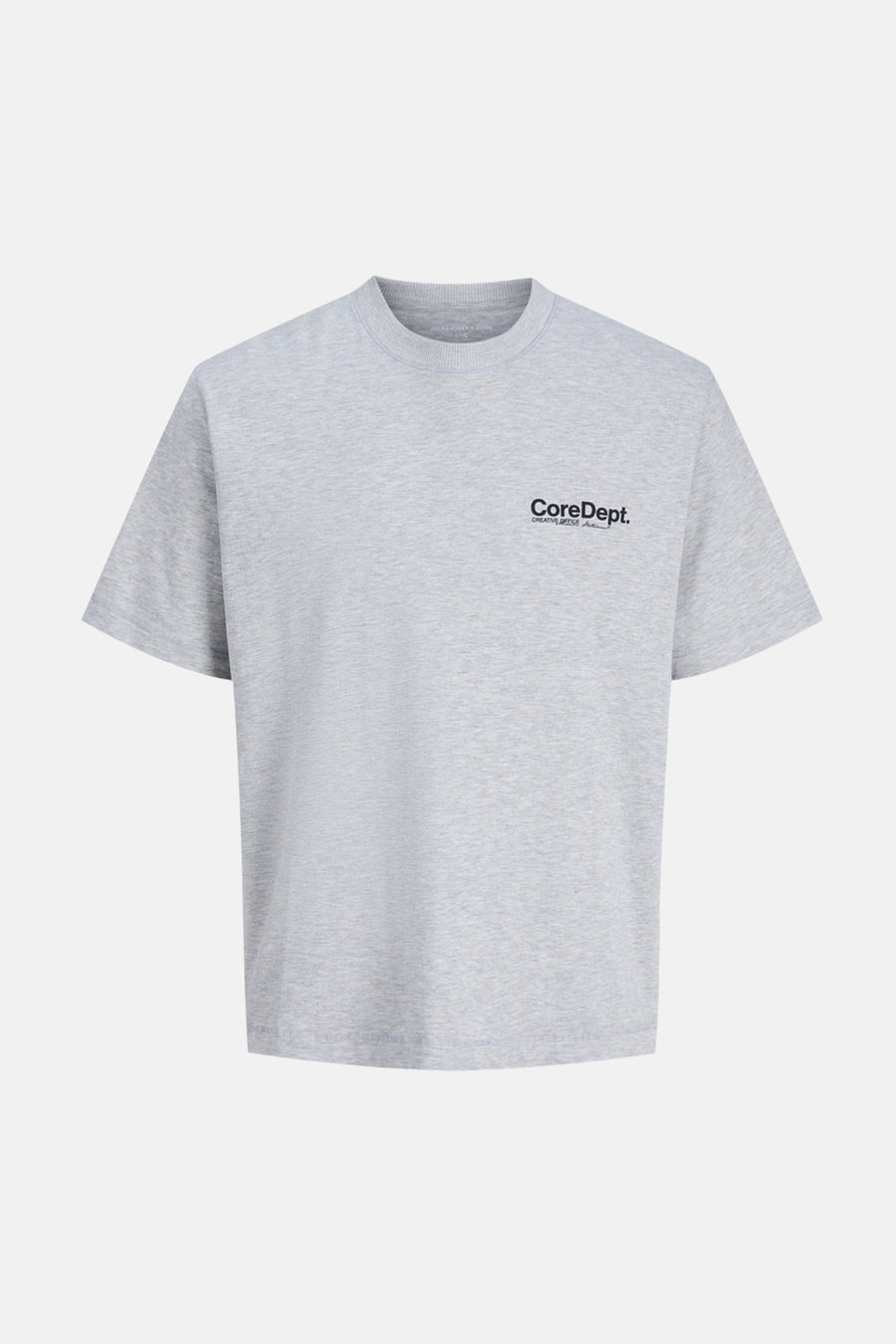 Grijs T-shirt met korte mouwen van CORE BY JACK & JONES, met klein zwart merklogo op de borst.
