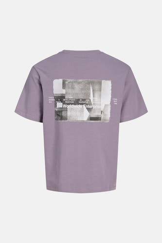 T-shirt à manches courtes violet de CORE by JACK & JONES, avec imprimé texte blanc sur la poitrine.