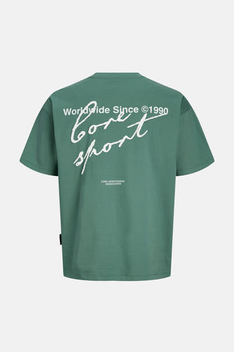 T-shirt vert à manches courtes CORE BY JACK & JONES, avec imprimé texte blanc au dos.