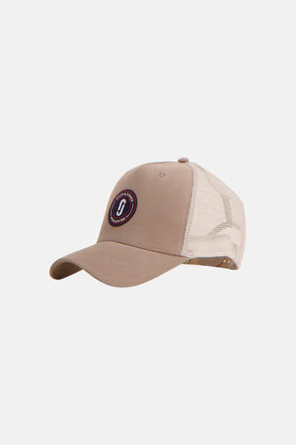 Casquette beige de ACCESSORIES BY JACK & JONES, avec des empiècements en mesh et un patch rond sur le devant.