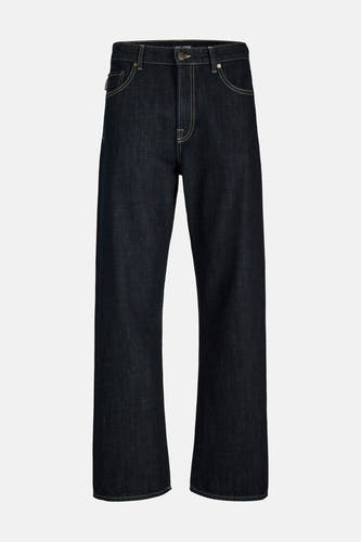 Jeans coupe droite en denim bleu foncé de JACK & JONES JEANS INTELLIGENCE, avec surpiqûres jaunes.