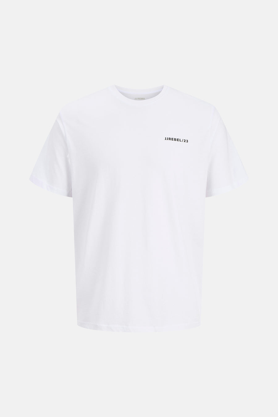 T-shirt blanc JJREBEL avec imprimé 'JJREBEL/23' sur la poitrine et col rond.