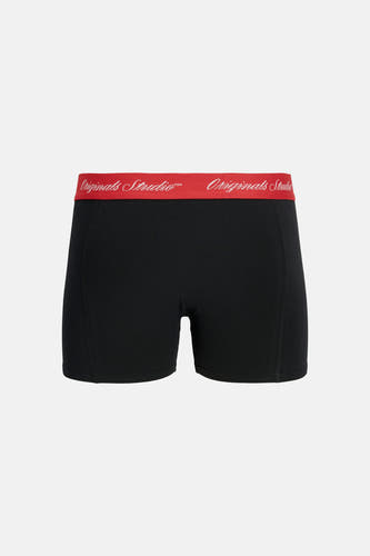 Boxer short noir d'ACCESSORIES BY JACK & JONES avec une ceinture rouge et le texte blanc 'Originals Studio'.