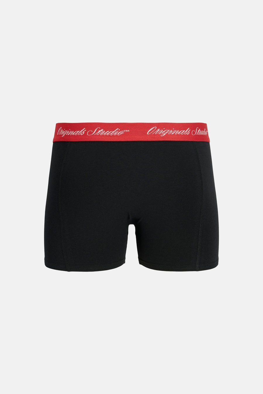 Boxer short noir d'ACCESSORIES BY JACK & JONES avec une ceinture rouge et le texte blanc 'Originals Studio'.