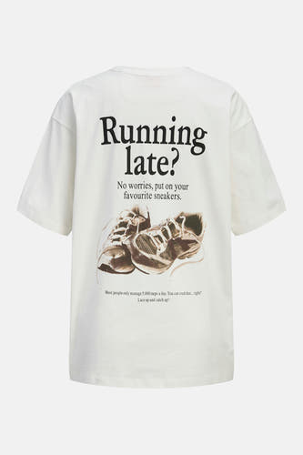 T-shirt blanc à manches courtes de JJXX, avec imprimé de baskets et un imprimé texte au dos.
