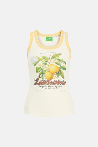 Débardeur écru JJXX avec imprimé citron et passepoil jaune.