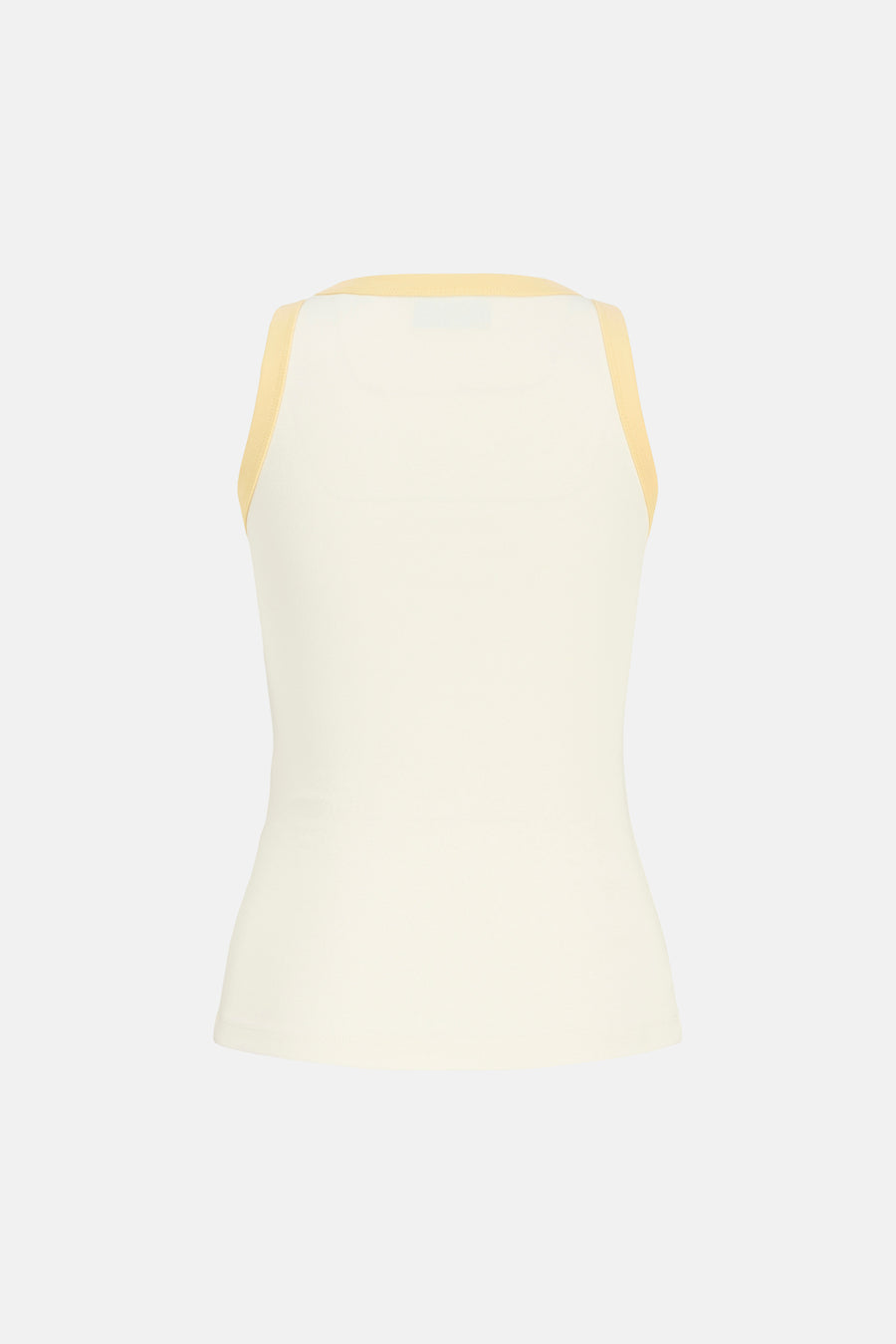 Débardeur écru de JJXX, dos, avec texture côtelée et passepoil jaune.