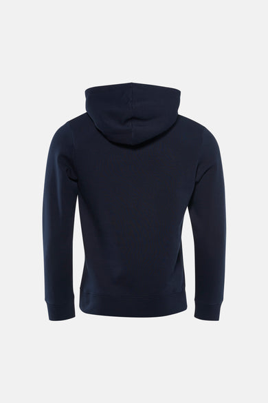 Pull à capuche bleu de ORIGINALS BY JACK & JONES, vu de dos, avec jean clair et chaussures grises.