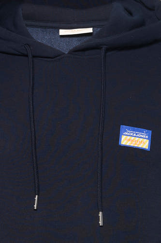 Blauwe sweater met kap van ORIGINALS BY JACK & JONES, met trekkoorden en een vierkant logo-embleem.
