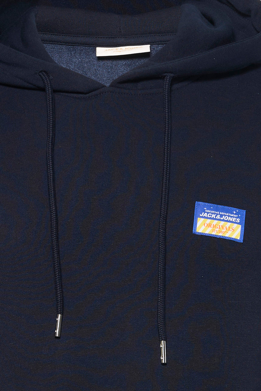 Blauwe sweater met kap van ORIGINALS BY JACK & JONES, met trekkoorden en een vierkant logo-embleem.
