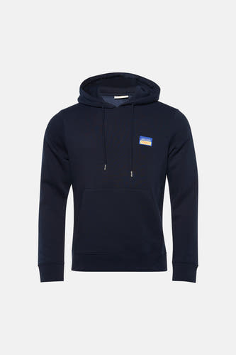 Blauwe sweater met kap van ORIGINALS BY JACK & JONES, met trekkoorden en een klein logo embleem.