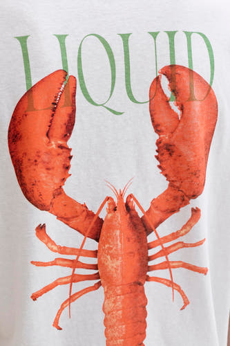 T-shirt blanc de ORIGINALS BY JACK & JONES, avec un grand imprimé de homard et le texte "LIQUID" en lettres vertes au-dessus.