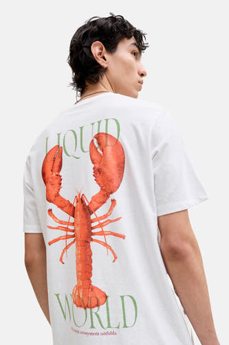 T-shirt blanc ORIGINALS BY JACK & JONES avec un imprimé de homard et un texte vert au dos.