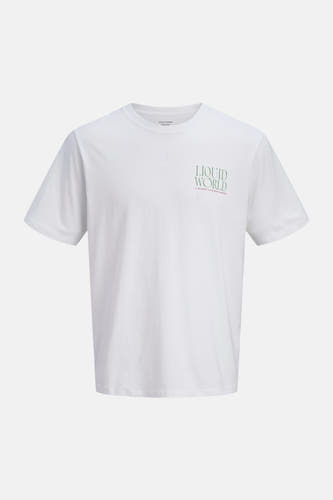 T-shirt blanc ORIGINALS BY JACK & JONES, à manches courtes avec imprimé vert 'Liquid World' sur la poitrine.