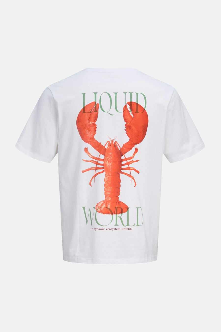 T-shirt blanc de ORIGINALS BY JACK & JONES, avec un grand homard rouge et les mots verts "Liquid World" dans le dos.