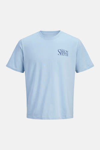 T-shirt bleu à manches courtes de ORIGINALS BY JACK & JONES avec un imprimé texte sur la poitrine.