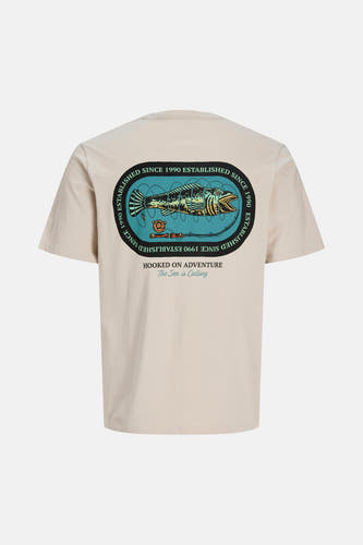T-shirt beige de ORIGINALS BY JACK & JONES, avec un imprimé graphique d'un poisson dans le dos.