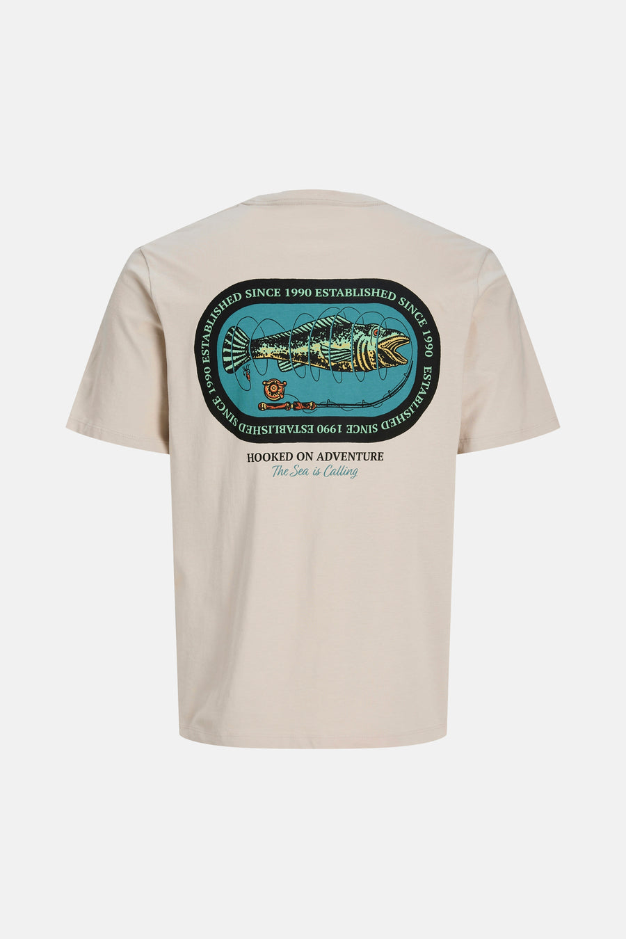 T-shirt beige de ORIGINALS BY JACK & JONES, avec un imprimé graphique d'un poisson dans le dos.
