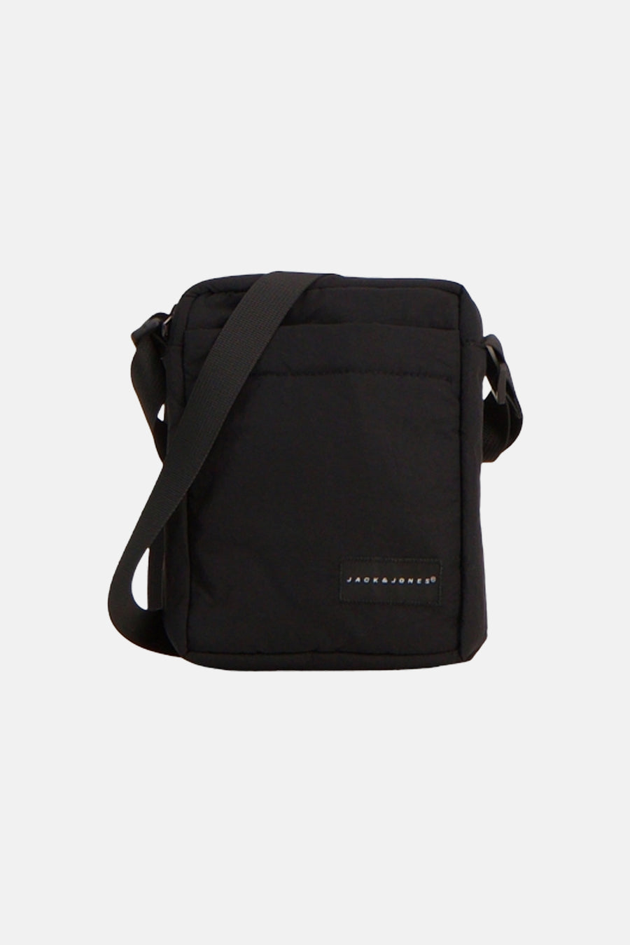 Sac à bandoulière noir matelassé d'ACCESSORIES BY JACK & JONES avec une bandoulière réglable et une petite étiquette de marque sur le devant.