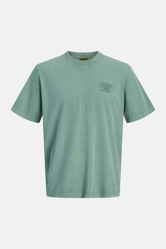 T-shirt vert à manches courtes délavé de PREMIUM by JACK & JONES, avec un col rond et un imprimé graphique sur la poitrine.