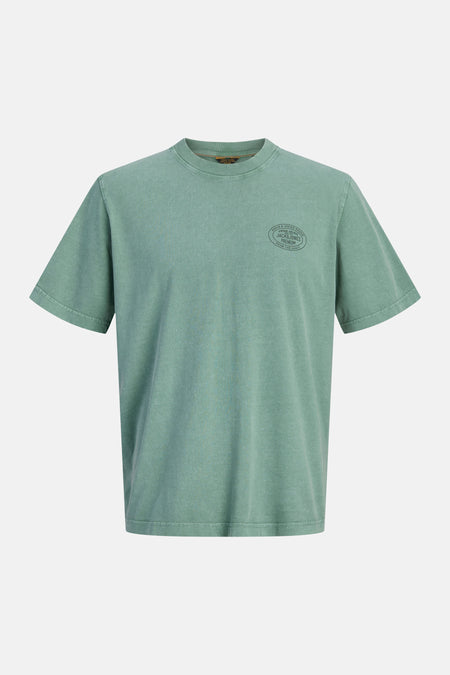 T-shirt vert à manches courtes délavé de PREMIUM by JACK & JONES, avec un col rond et un imprimé graphique sur la poitrine.