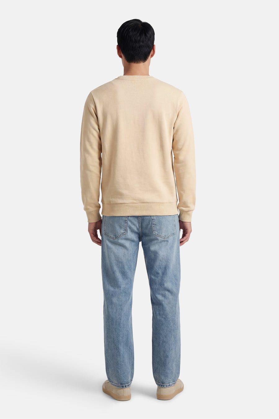 Pull beige de CORE BY JACK & JONES, à manches longues, combiné avec un jean et des chaussures dans un style décontracté, vu de dos.