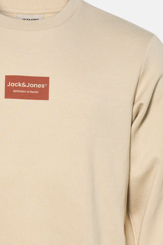 Pull beige de CORE BY JACK & JONES avec un col rond et un imprimé texte discret.