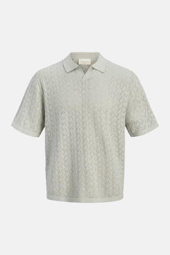 Polo en maille vert clair de ORIGINALS BY JACK & JONES avec motif zigzag ajouré et col ouvert.