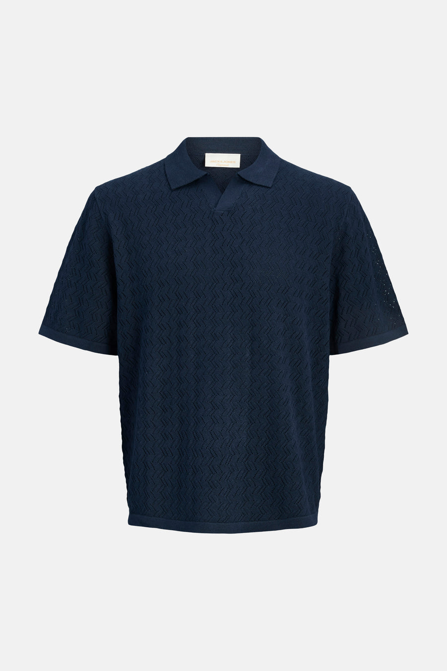 Polo bleu marine Jack & Jones avec motif zigzag tricoté et col ouvert.
