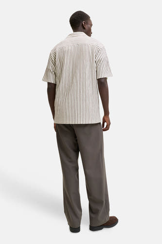 Bruin gestreept korte mouwen overhemd van PREMIUM by JACK & JONES, achterzijde, lichte stof, model draagt donkere broek en bruine schoenen