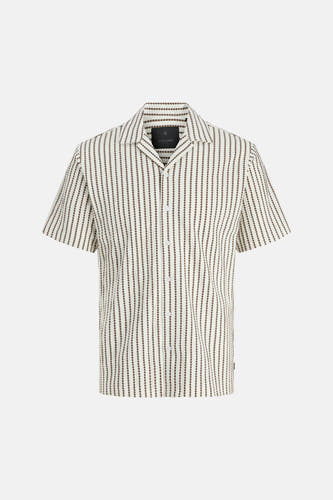 Bruin gestreept korte mouwen overhemd van PREMIUM by JACK & JONES, met witte knopen en gestippelde lijnen, front view