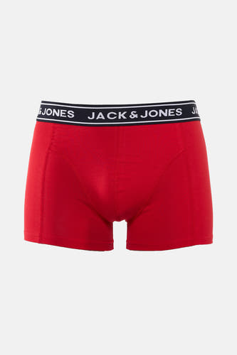 Shorts de boxeur rouge d'ACCESSORIES BY JACK & JONES, avec le nom de la marque sur la ceinture élastique.