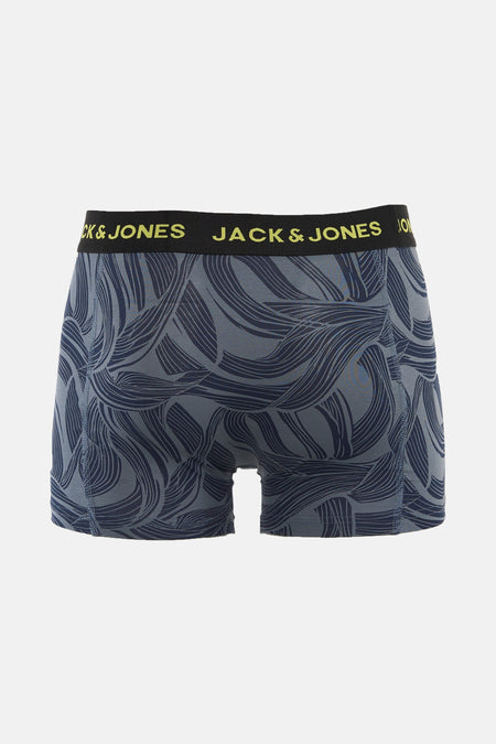 Blauw-grijze boxershort met patroon en zwarte tailleband met gele tekst.